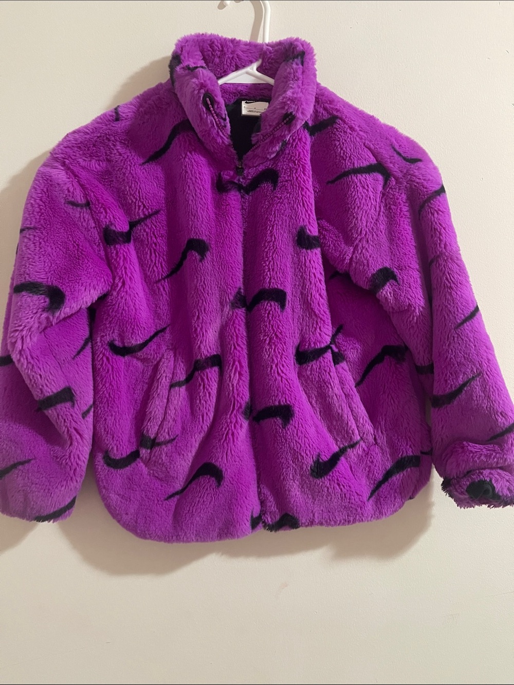 Nike Kids Purple Faux-Fur Puffer Jacket with Black Swoosh Pattern
